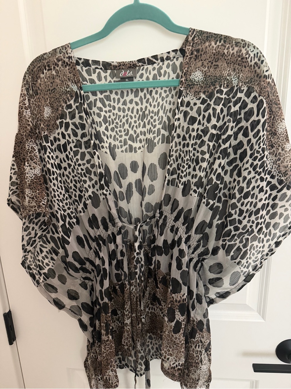Dots Women's Grey and Black Leopard Print Blouse with Teal Hanger Accent